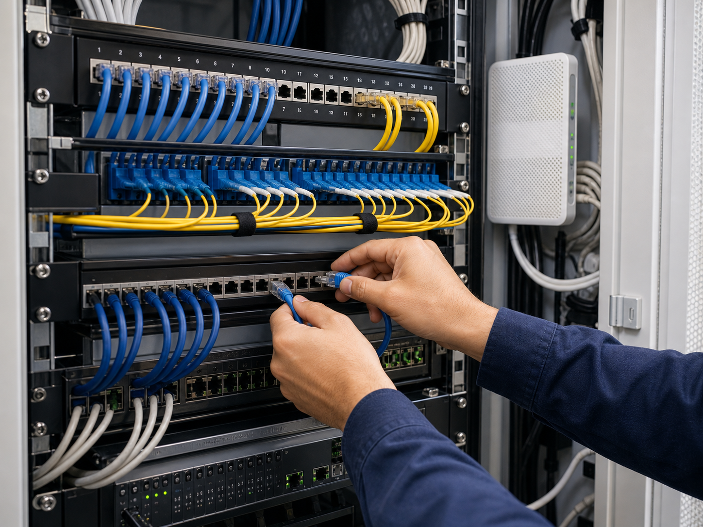 Bastidor técnico com cablagem de telecomunicações